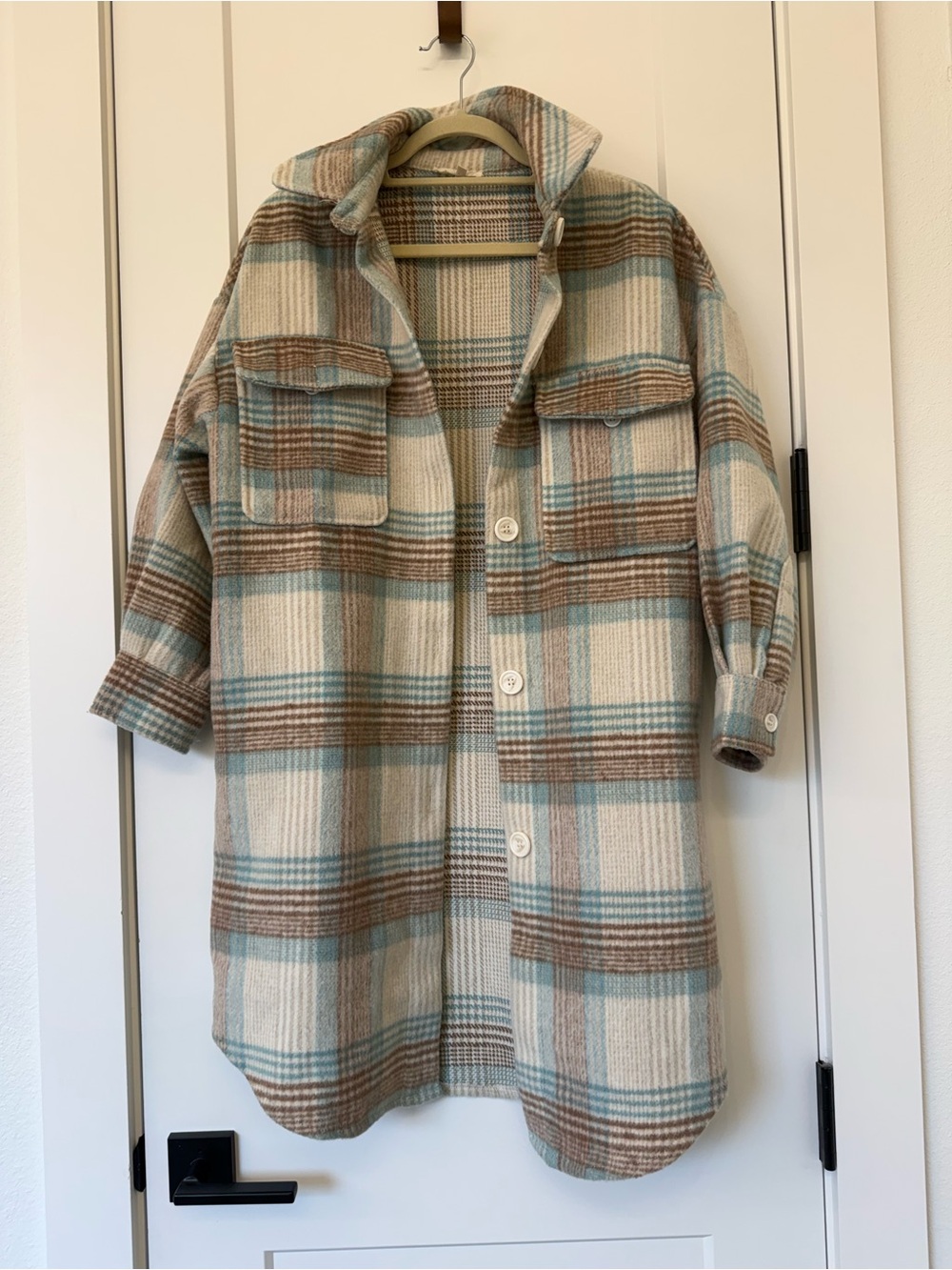 Vici Plaid Button-Down Shacket in Cream, Brown and Blue